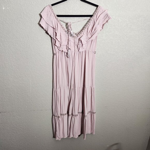 Simplee Dress Womens Medium Light Pink Maxi Dress Ruffle Sleeves & Lace Fairy - Picture 10 of 13